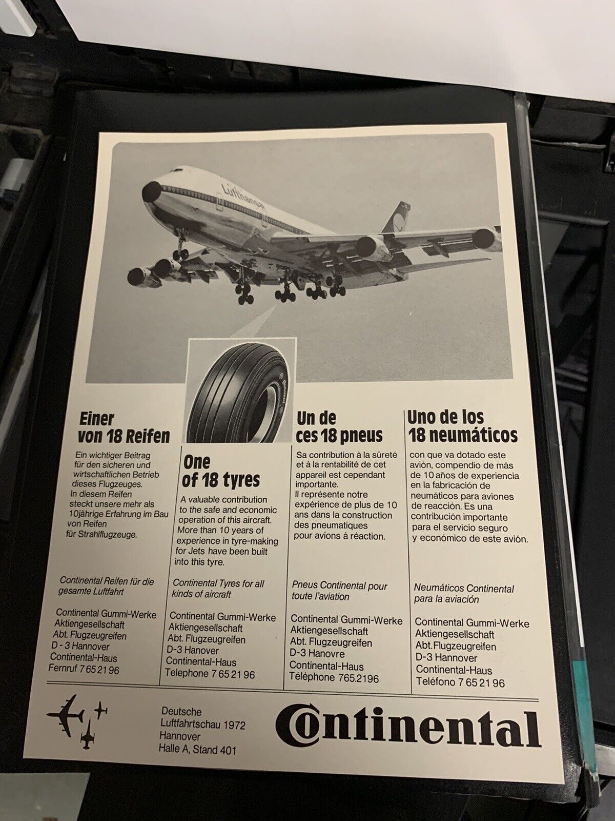 LUFTHANSA GERMAN AIRLINES BOEING 747-200 1972 Continental Tires Spanish Ad